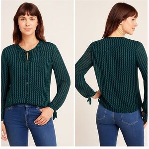 Anthropologie Maeve Della sheer blouse in green with blue stripes